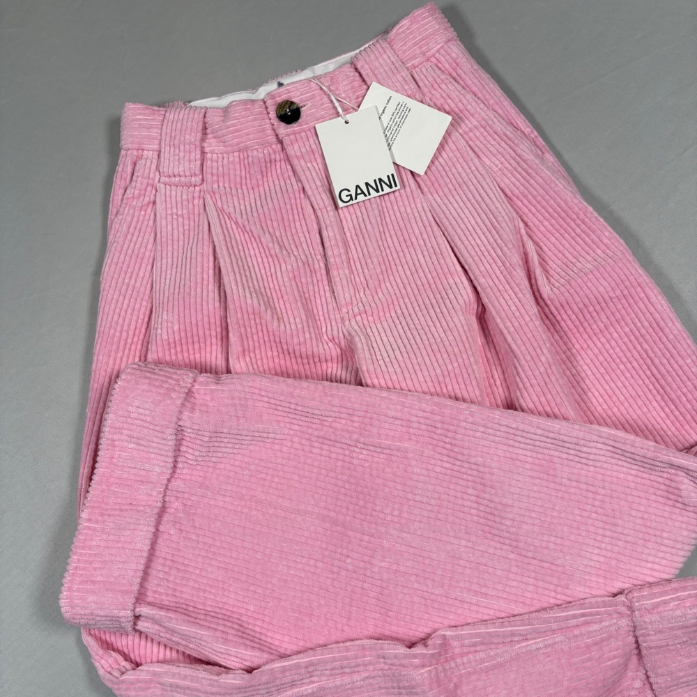 GANNI Pink Pleated Corduroy Wide Leg Pants Lilac Sachet NWT Size 34 US 2